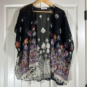 Love Tree Black Floral Sheer Kimono Wrap with Multicolor Border